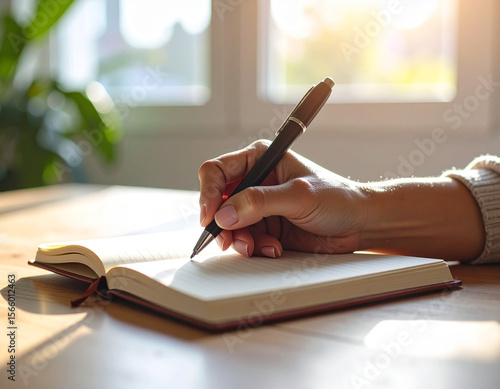 A close-up of a person's hand holding a pen and writing in an open journal or notebook on a wooden desk, illuminated by natural sunlight streaming from a window in the background, with a blurred house