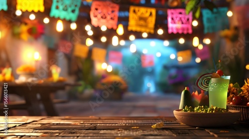 Festive mexican fiesta celebration with colorful decorations and a refreshing drink