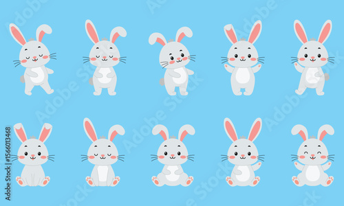 Ten grey rabbits with pink ears are arranged against a blue backdrop in a symmetrical pattern