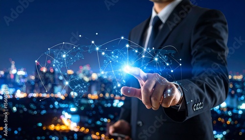 Business wallpaper with a man in a suit against a city background pointing at a small map