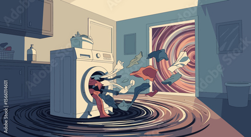 Surreal Laundry Room Vortex – Clothes Flying into Colorful Portal