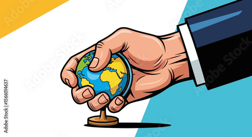 Hand Gripping Globe on Stand – Global Power and Control Concept Vector