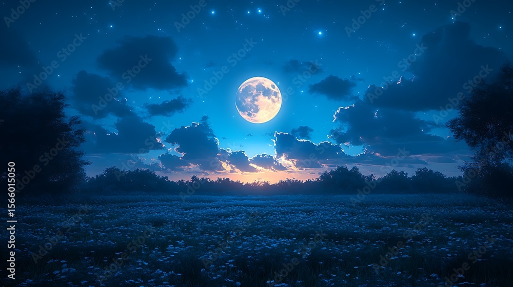 Naklejka premium Moonlit field at night landscape background