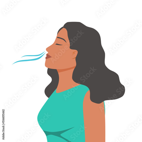 Mental health concept with pretty young woman. Young girl doing breathing exercise. care. Awareness, mindfulness and meditation. Flat vector illustration isolated on white background