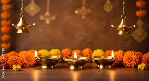 Diwali Festive Still Life: Golden Brass Diyas with Marigold Flowers and Hanging Lamps, Warm Ambient Lighting
