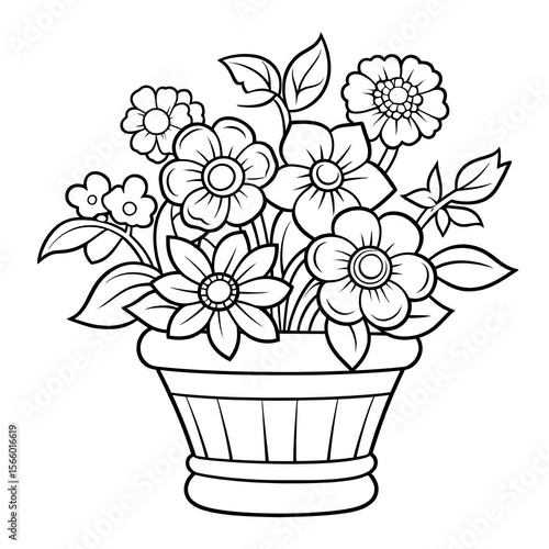 Flower coloring page in a wooden basket