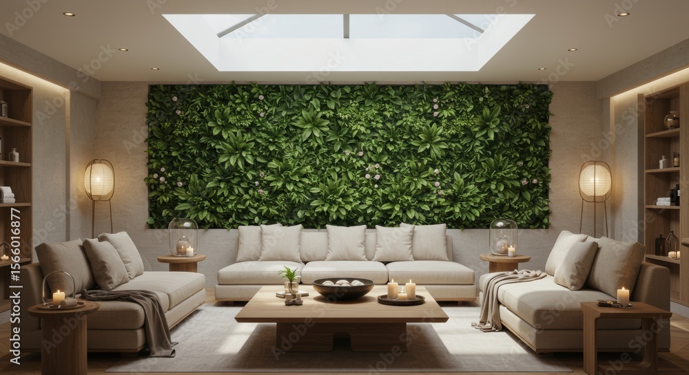 Fototapeta premium Living room with green wall and skylight featuring sofas tables and decorative items in a serene setting
