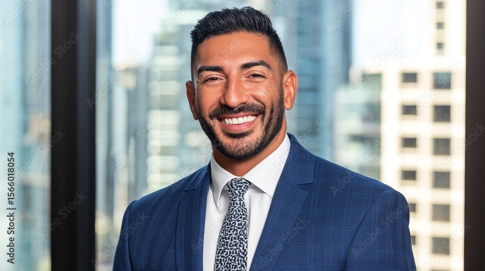 Fototapeta premium Confident professional in navy suit, exuding leadership with sharp natural lighting 