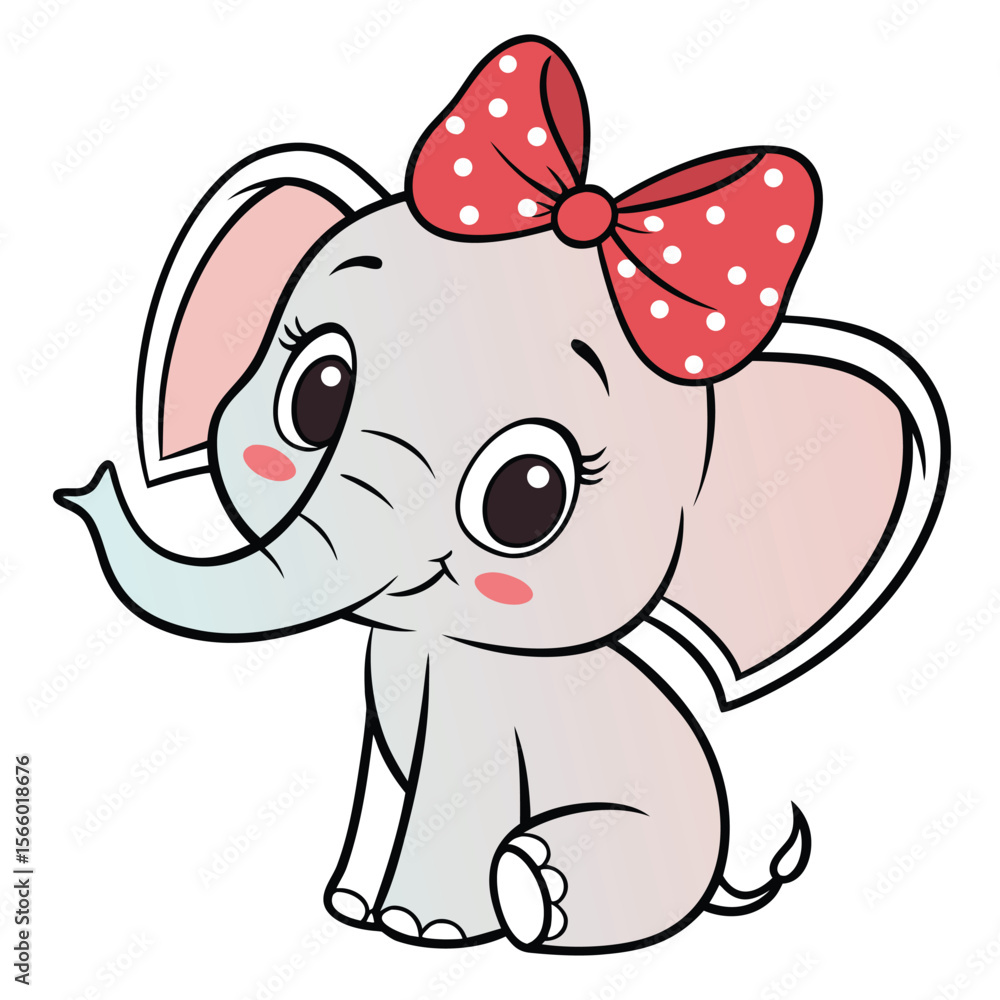 Naklejka premium Cute Baby Elephant With Big Ears and Red Bow