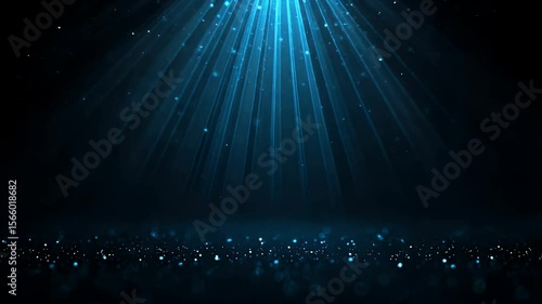 Ethereal blue light rays illuminating a dark background with sparkling particles, creating a magical atmosphere