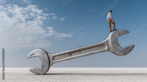Person on giant wrench surreal image