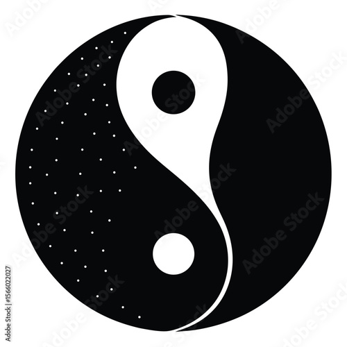 Stylized yin yang symbol with scattered dots on black side