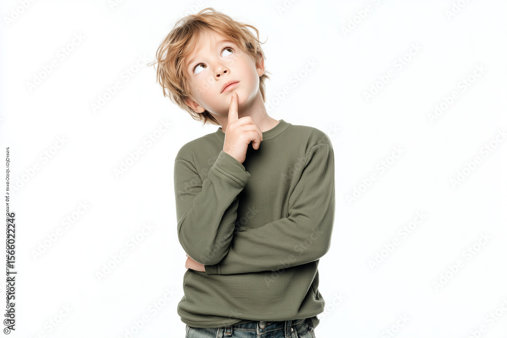 Curious boy in green shirt thinking with finger on chin
Curious boy in green shirt thinking with finger on chin