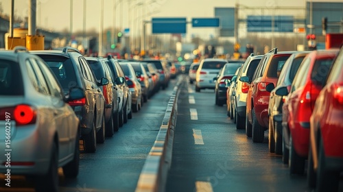 Back tail view of many cars stuck in row at highway road traffic jam warm hot sunny day at southern Europe. Automobile accident vehicle rush hour collapse. Transportation vacation seasonal stuck
