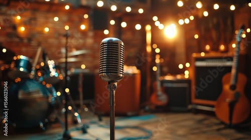 selective focus microphone and blur musical equipment guitar ,bass, drum piano background.