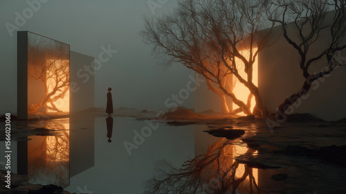 Surreal Scene with Glowing Trees, Mirror, and Lone Figure