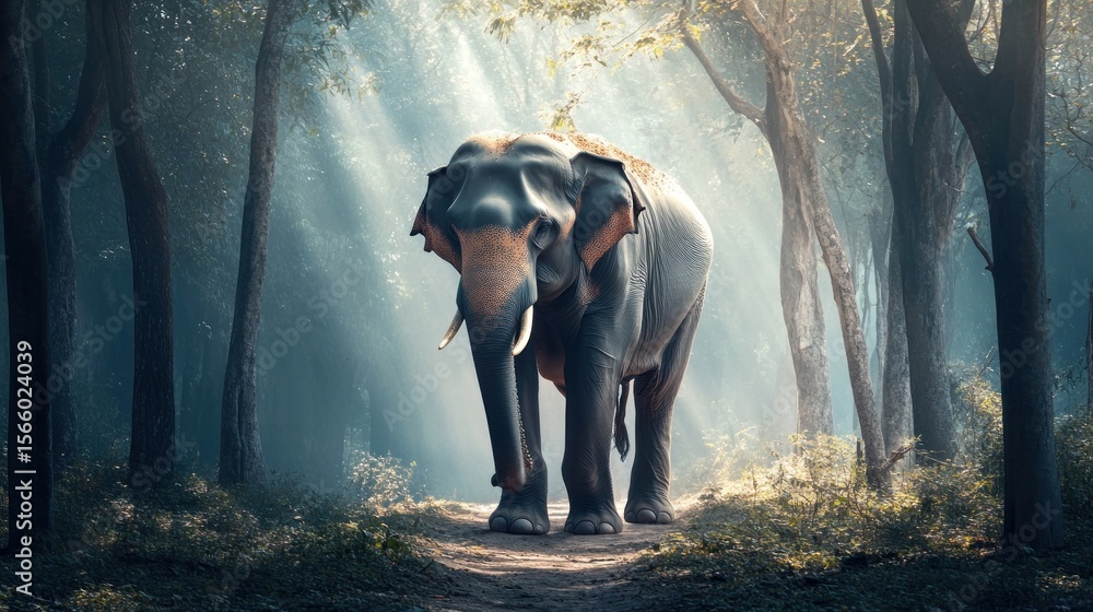Fototapeta premium Majestic elephant in a sunlit forest path