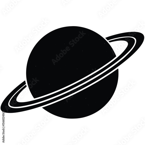 Stylized black silhouette of saturn with rings against a white background