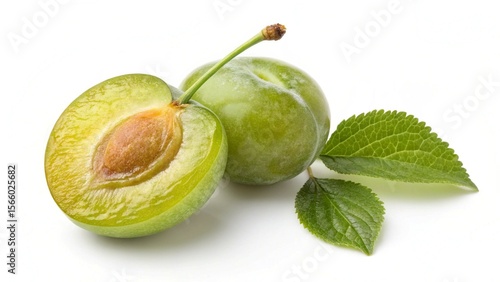 Close up of Fresh Green Plum with Leaf
