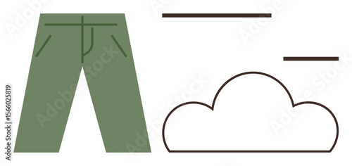 Green pants next to outlined cloud and horizontal linear lines. Ideal for fashion, outdoor lifestyle, creativity, imagination, casual style, weather, artistic inspiration. A simple flat metaphor