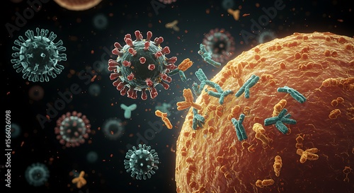 Microscopic View of Antibodies Attacking a Virus Cell Immune System Response