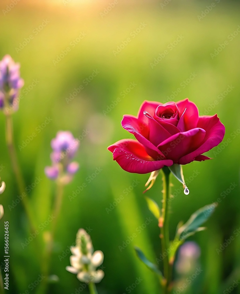 dew-kissed rose blooming vibrantly in a field of emerald green grass. The rose has velvety crimson petals, unfurling gracefully to reveal a golden yellow center, and a single glistening drop of water dew-kissed rose blooming vibrantly in a field of emerald green grass. The rose has velvety crimson petals, unfurling gracefully to reveal a golden yellow center, and a single glistening drop of water