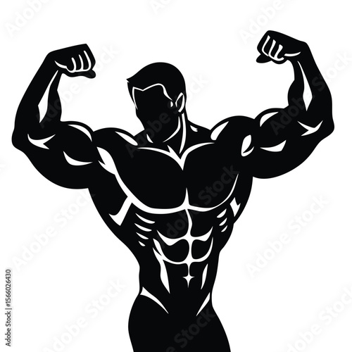 Silhouette of a muscular bodybuilder flexing biceps and showing abdominal muscles