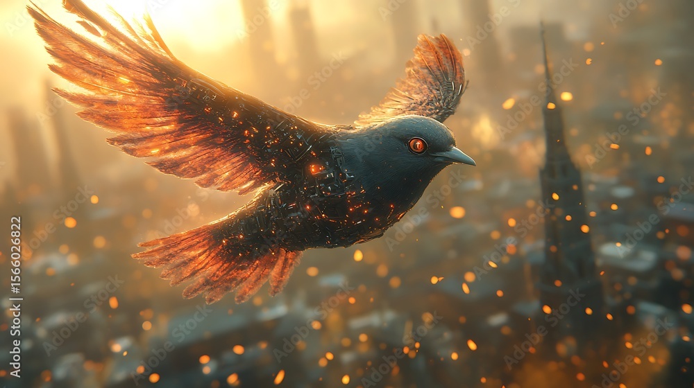 Fototapeta premium Fiery bird soaring over a burning city