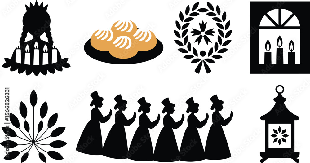 Fototapeta premium Sweden Saint Lucia celebration girls candle wreath pastry lantern window culture symbols vector set