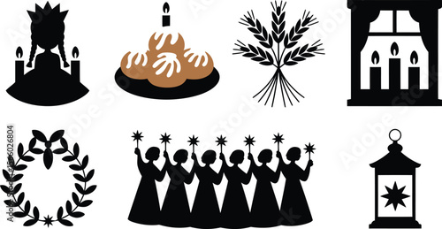 Sweden Saint Lucia celebration icons candles wreath crowns pastries girls lantern symbols vector set