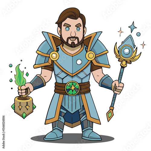 Cartoon vector illustration of a warrior character with a sword and helmet, ready for battle