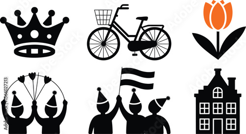 Netherlands crown bicycle tulip house group flag icons for Dutch Kings Day celebration
