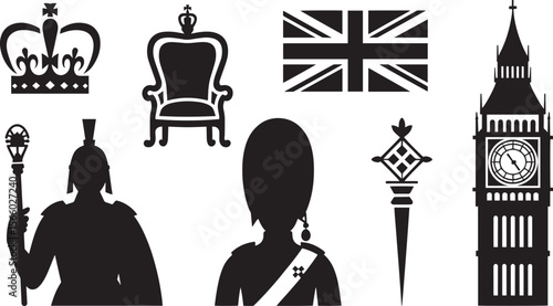 United Kingdom crown throne flag guard Big Ben queen vector icons for British royal culture
