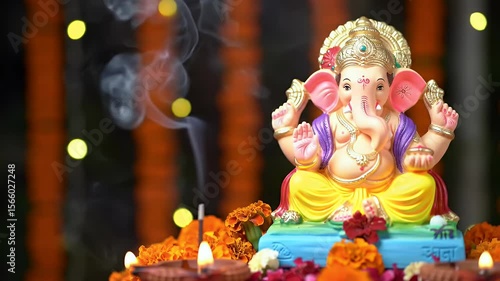 A beautiful idol of Lord Ganesha is placed on a decorated altar during Ganesh Chaturthi, surrounded by marigold flowers, diyas (oil lamps), and incense smoke.
