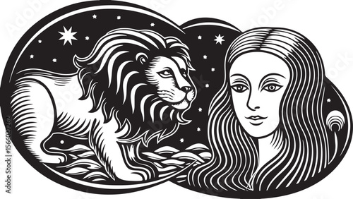 A beautiful vector illustration of a Gemini woman with flowing hair and a lion's head silhouette, embodying the fierce spirit of Leo