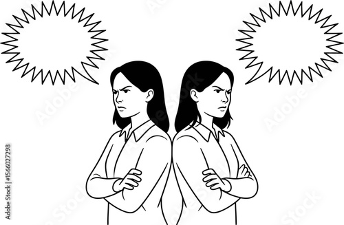 Two angry women standing back to back with speech bubbles vector illustration conflict and disagreement concept