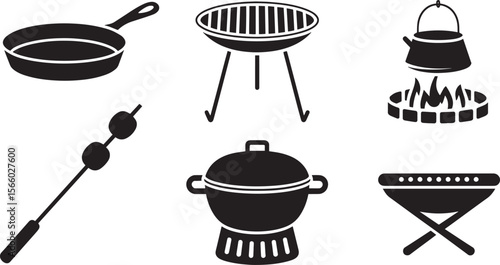 Outdoor cooking grill pan kettle skewer pot stove icons vector set for camping and fire cooking