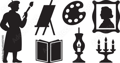 Artist tools palette book frame easel candle painter icons for studio and creative painting art