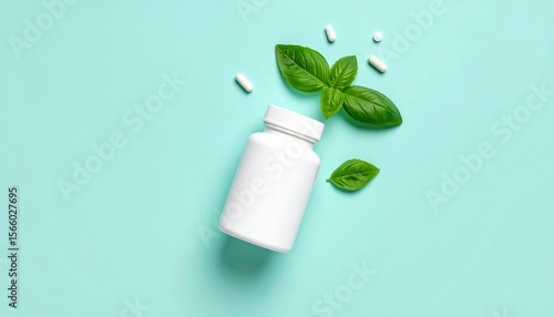 Wallpaper Mural White Supplement Bottle With Basil Leaf On Aqua Background Isolated Background Torontodigital.ca