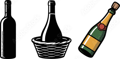 Wine and champagne bottles vector illustration for alcohol drinks and beverage industry designs and marketing