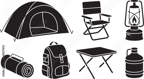 Backpacking camping tent mat table chair lantern backpack bottle vector icon gear set