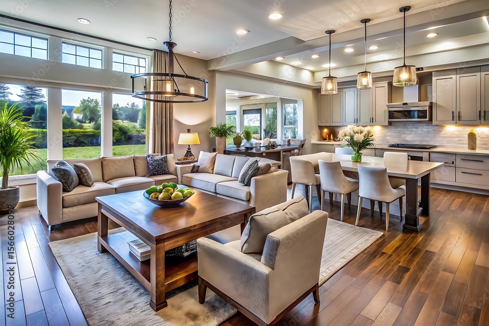 Fototapeta premium Large living room with a wooden floor and a wooden coffee table