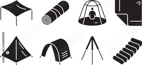 Camping Tent Sleeping Bag Mat Tarp Tripod Blanket Icon Set for Outdoor Adventure and Travel Design