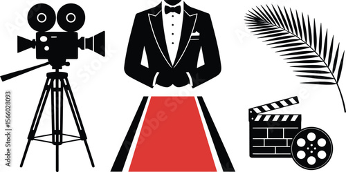 Film Festival Camera Red Carpet Tuxedo Palm Clapper Icon Set for Movie Event and Cinema Design