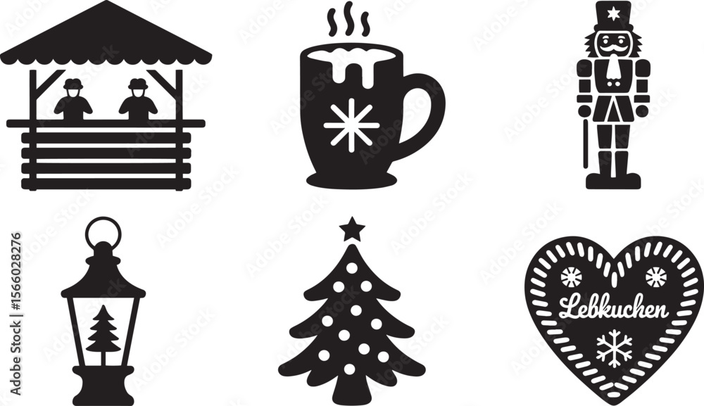 Naklejka premium German Christmas Market Mug Nutcracker Lantern Tree Lebkuchen Icon Set for Holiday and Winter Design
