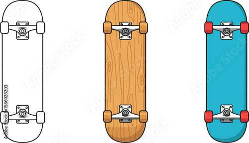 Skateboard illustration: vector skateboards in outline, wood grain, and blue for skateboarding design