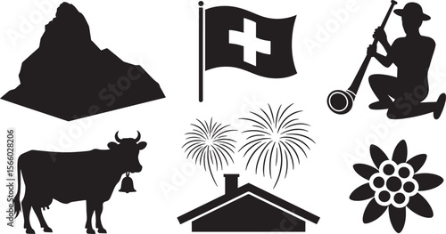 Switzerland Mountain Flag Cow Fireworks Chalet Flower Icon Set for Swiss Culture and Landmark Design