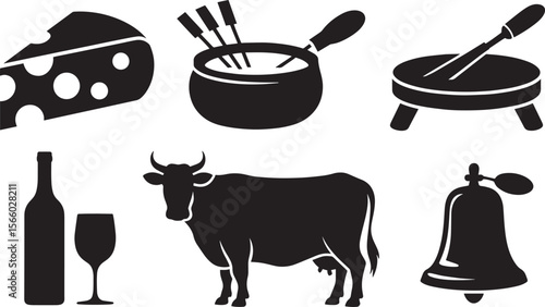Swiss Cheese Fondue Wine Cow Bell Icon Set for Switzerland Food and Culture Design Projects