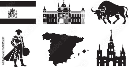 Spain Flag Palace Bullfighter Bull Map Cathedral Icon Set for Spanish Culture and Landmark Design