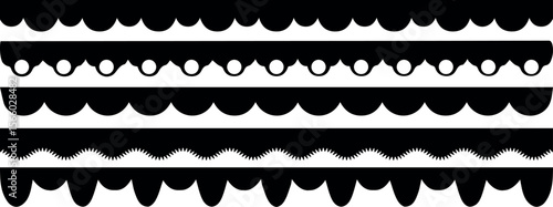 Scalloped edge seamless set. borders and dividers. Simple scalloped border. Repeat cute vintage frill ornament. Texture ribbons. Vector illustration isolated on white background.